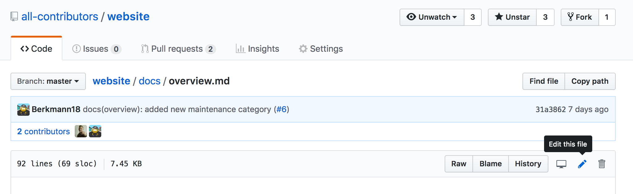 A screenshot that shows the GitHub interface with a file open focused on the pencil icon that allows you to edit the page.